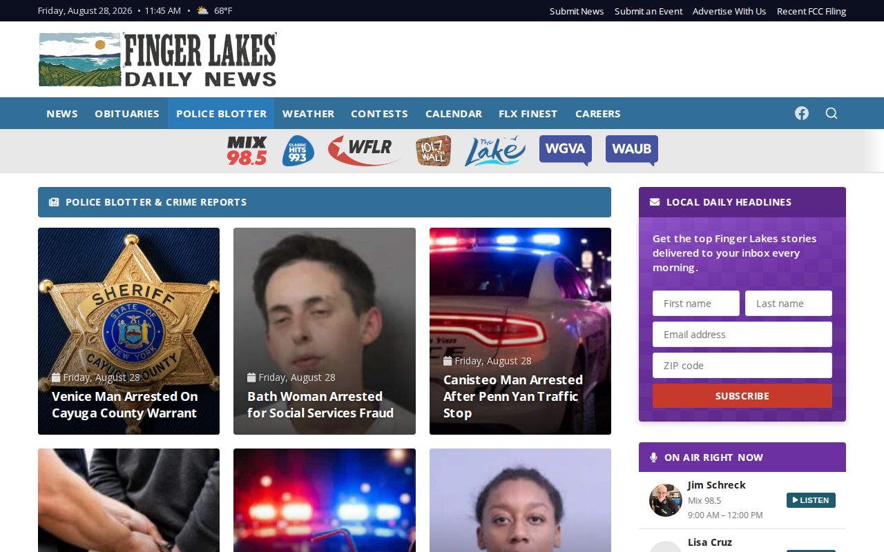 Finger Lakes Daily News police blotter page for regional crime reports