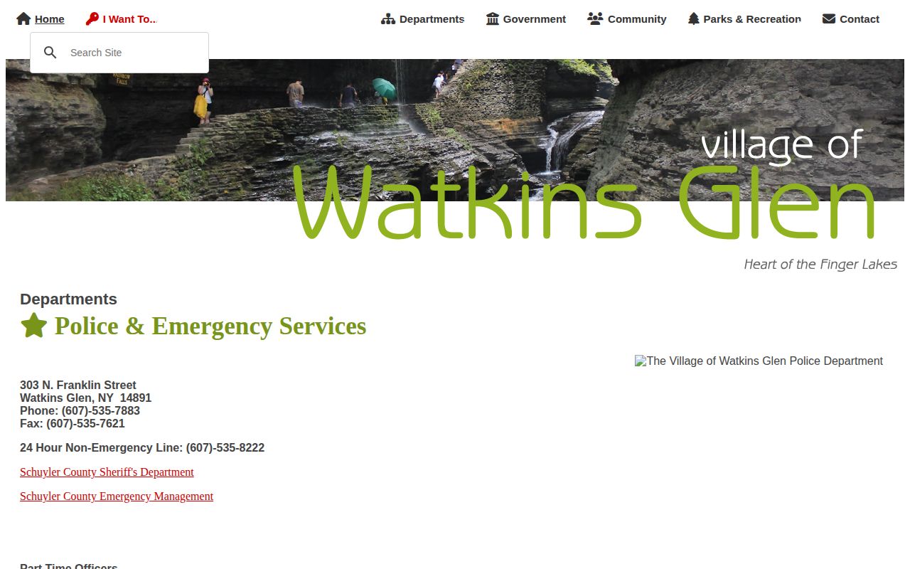 Watkins Glen Police Department webpage for city and county arrest-record routing